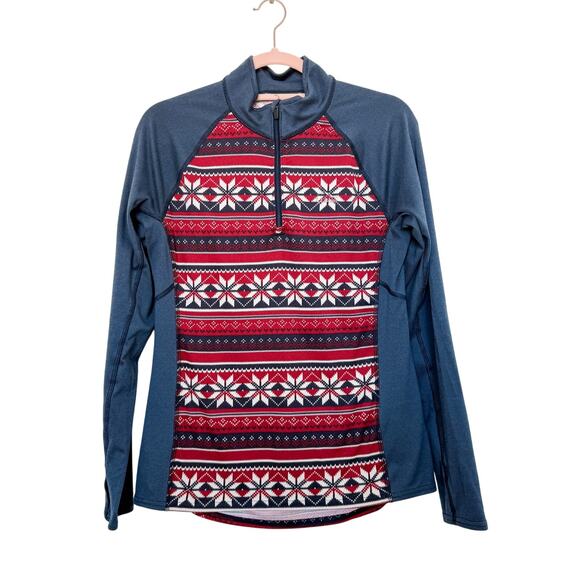 LL Bean Holiday Print Base Layer Long Sleeve Top Red Blue Womens‎ Size Medium - Picture 1 of 5